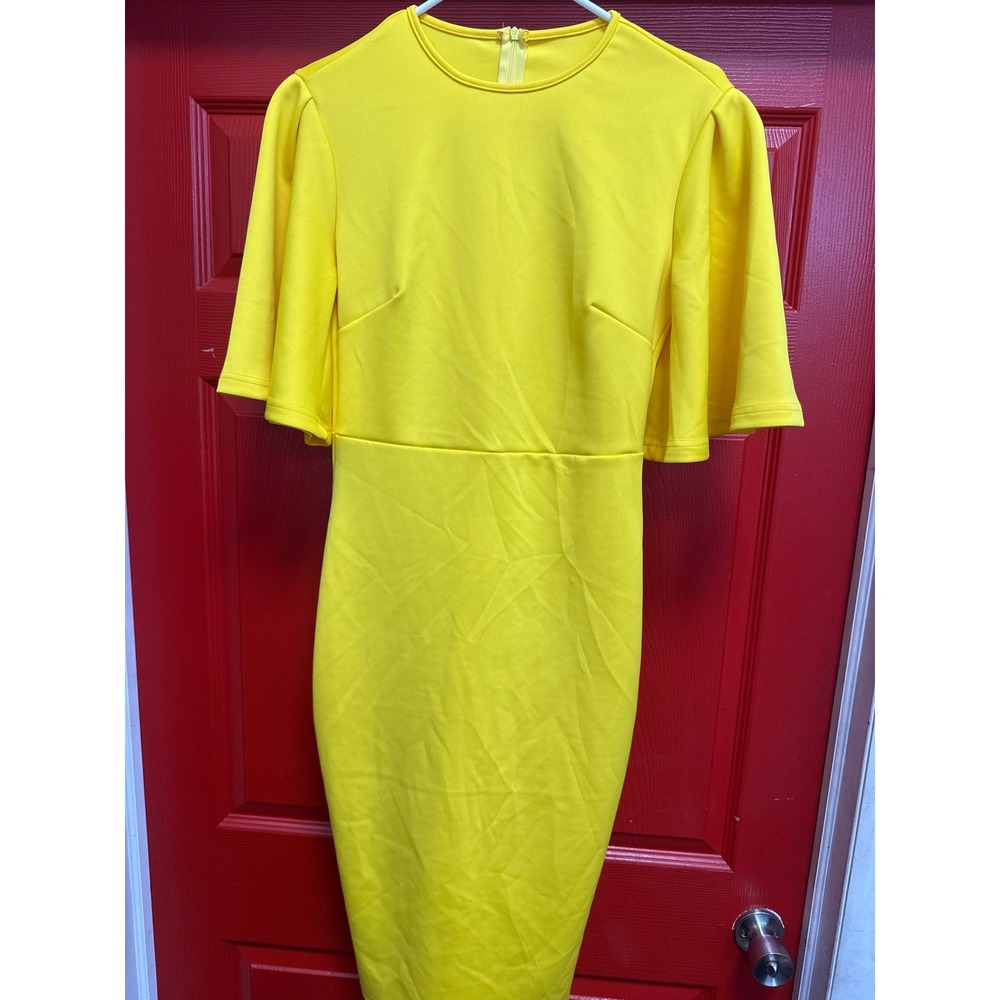 Yellow Flutter Sleeve Sheath Dress Crew Neck Midi Pencil Dress Size Medium